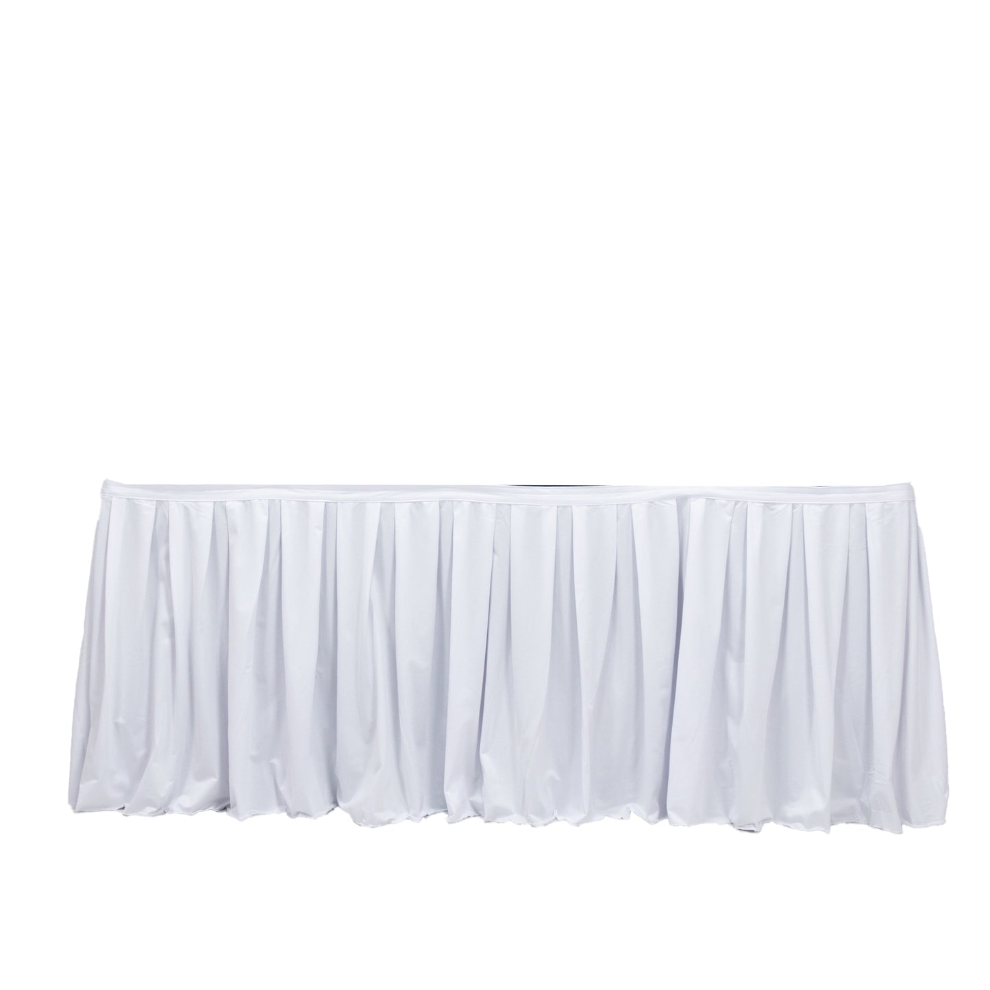 White 14ft wrinkle-free and stain-resistant event table skirt. #whtbkgd