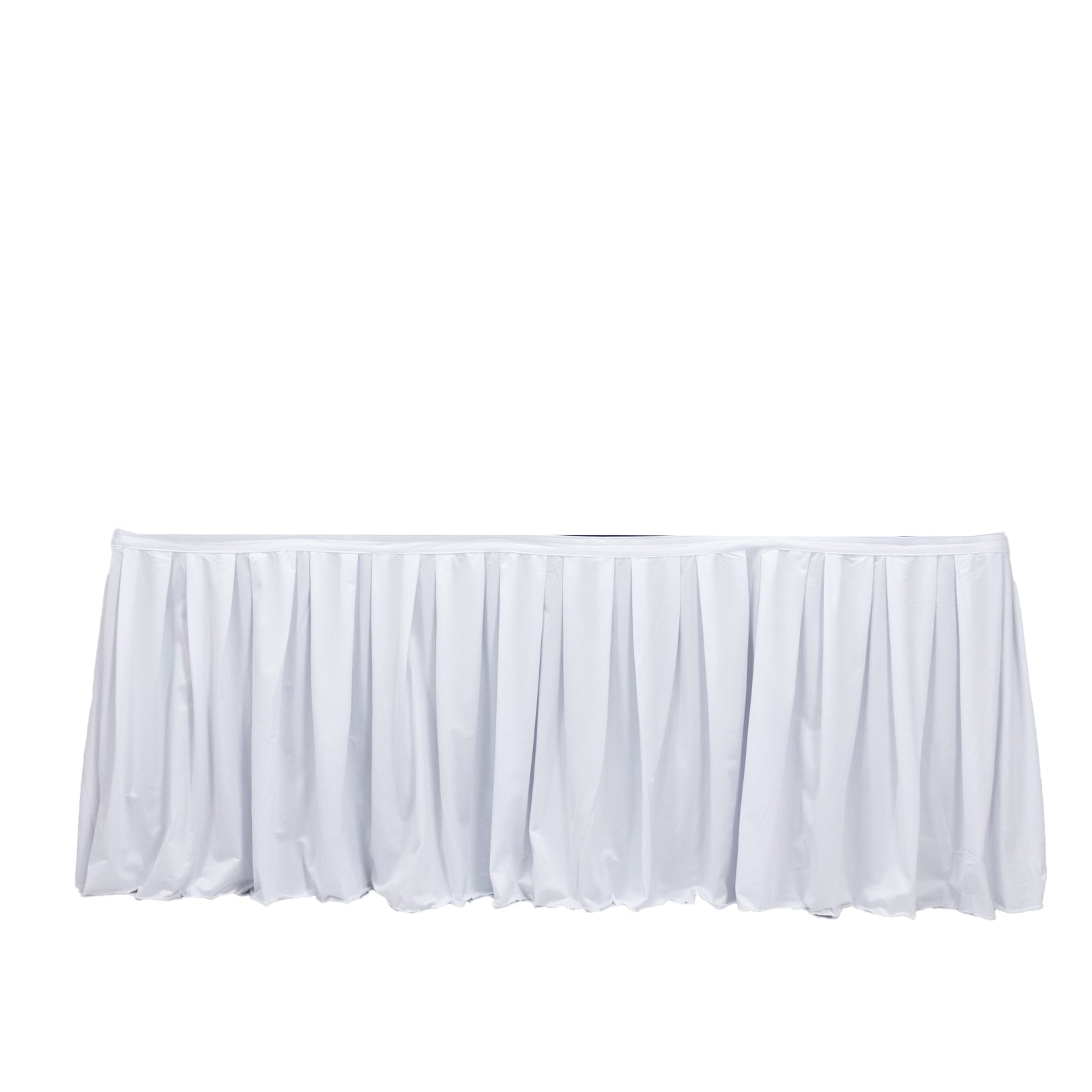 White 14ft wrinkle-free and stain-resistant event table skirt. #whtbkgd