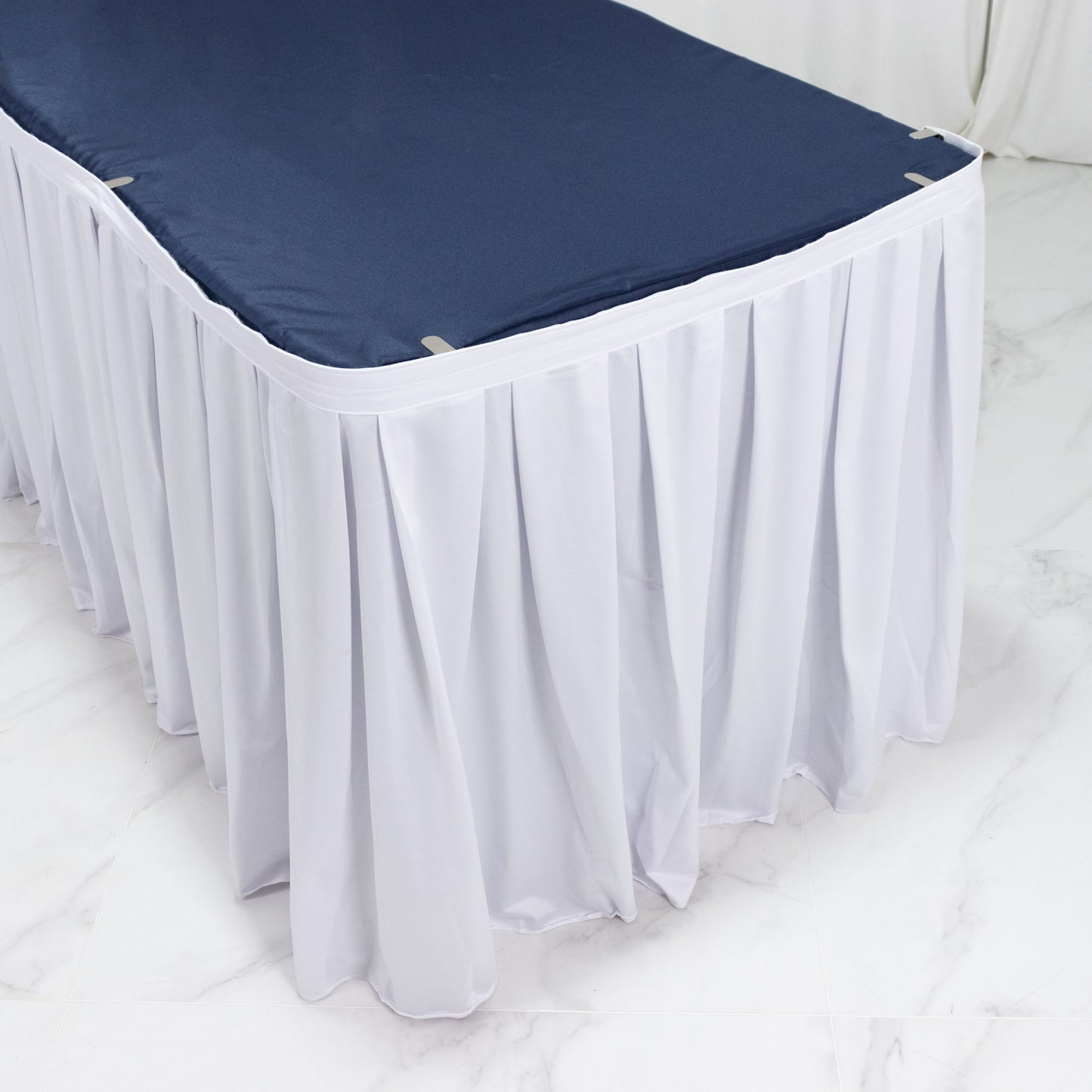 White 14ft Scuba Table Skirt - Shirred Pleat Wrinkle Free & Stain Resistant