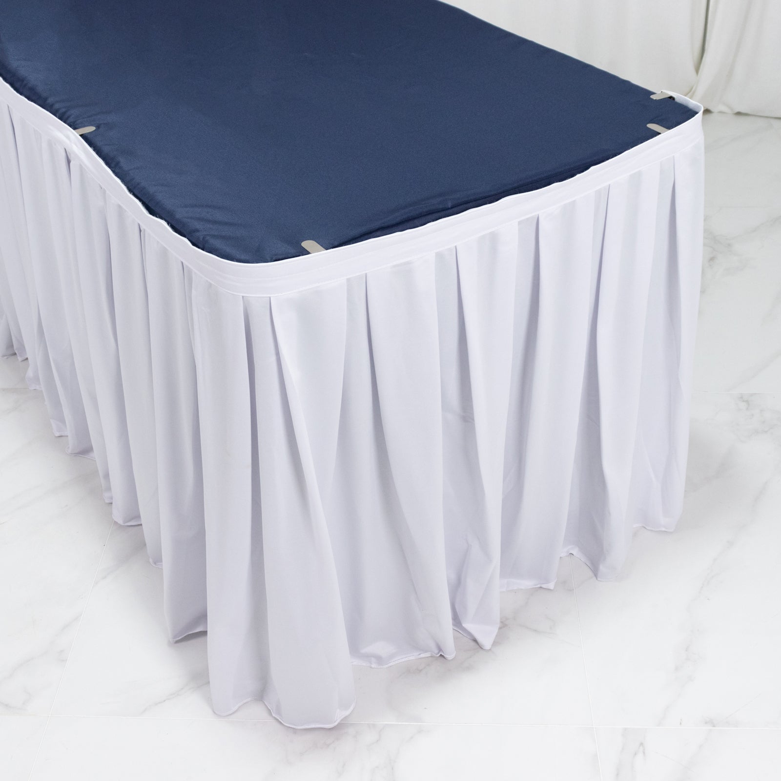 White 14ft Scuba Table Skirt - Shirred Pleat Wrinkle Free & Stain Resistant