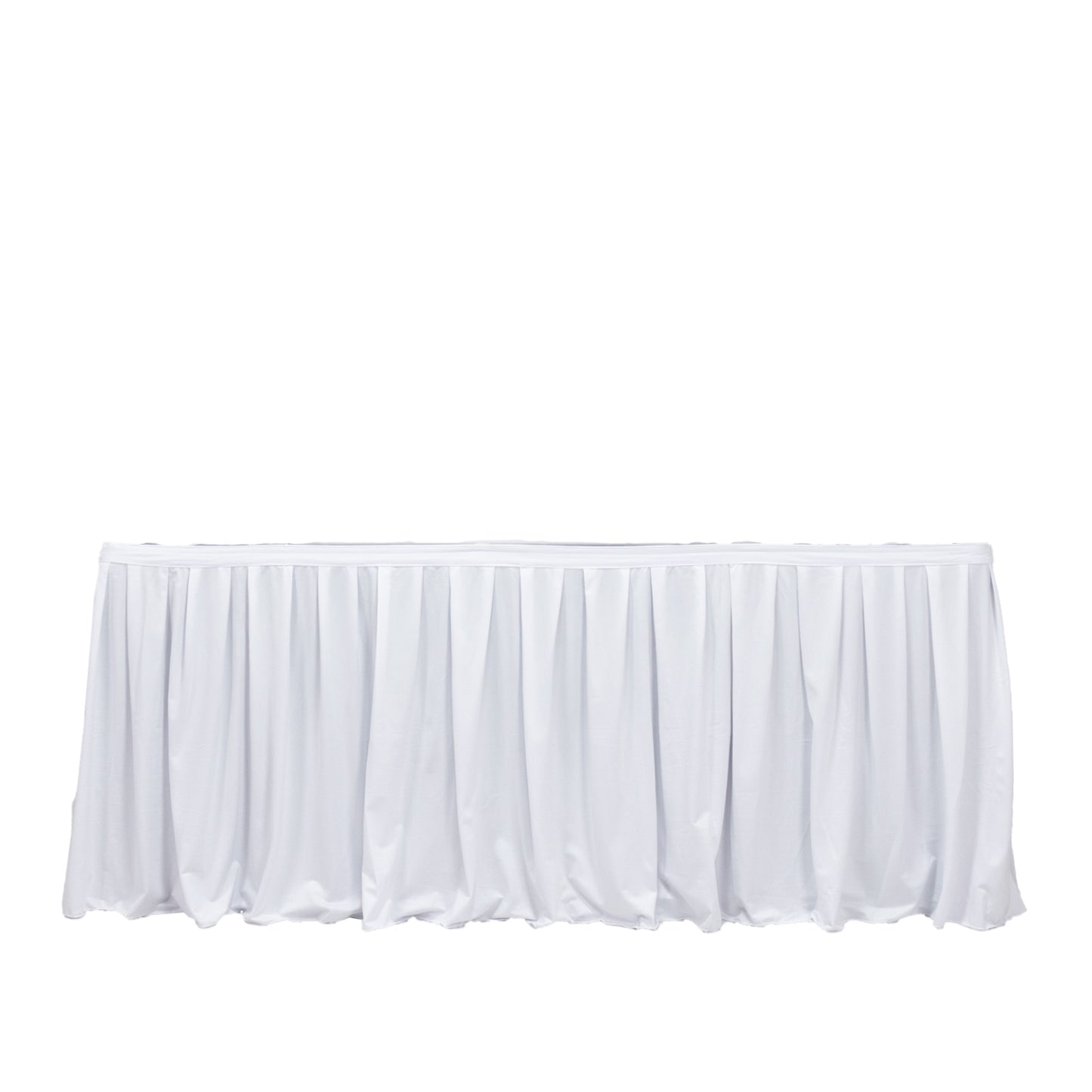 White 17ft wrinkle-free and stain-resistant scuba table skirt for events. #whtbkgd
