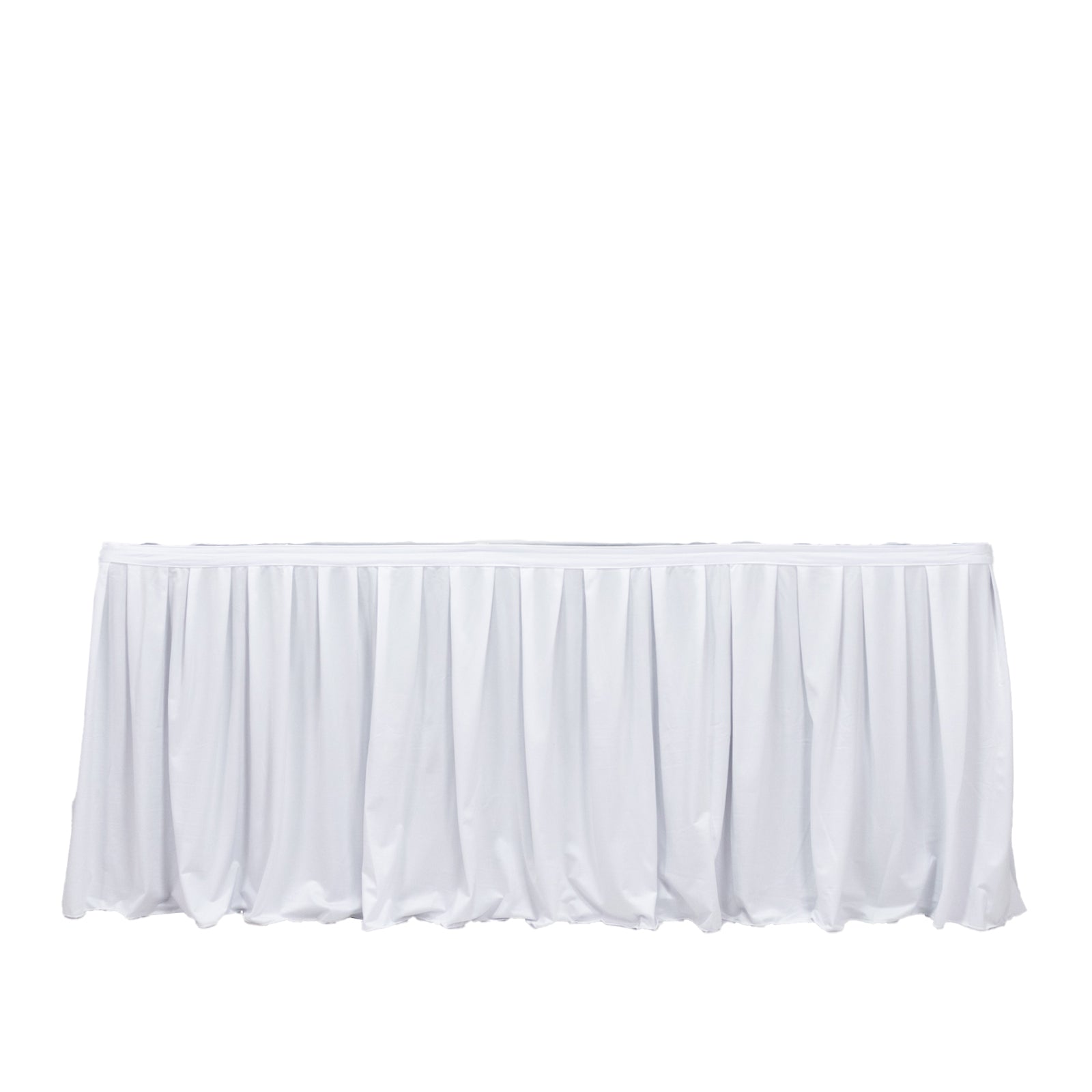 White 17ft wrinkle-free and stain-resistant scuba table skirt for events. #whtbkgd