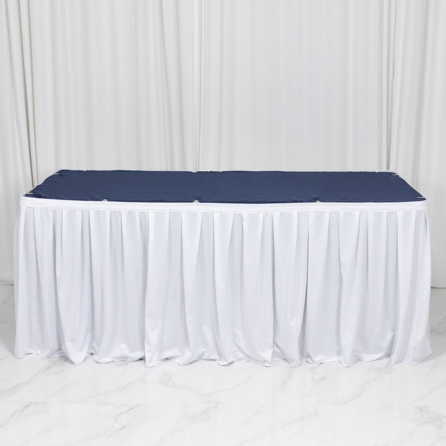 White 17ft Scuba Table Skirt - Shirred Pleat, Wrinkle Free & Stain Resistant