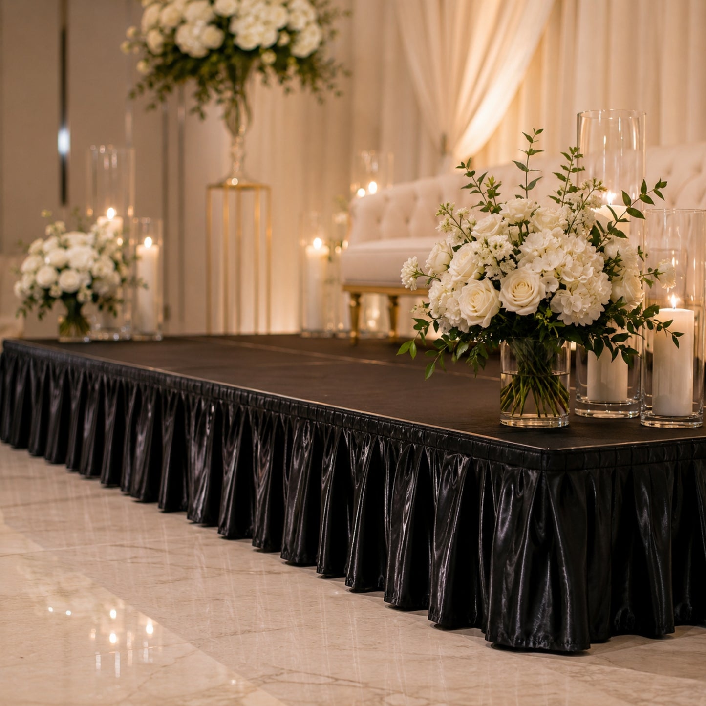 Portable Satin Stage Skirt Black Shirred Pleated Stage Cover for Wedding & Event Platforms - 16"x10f