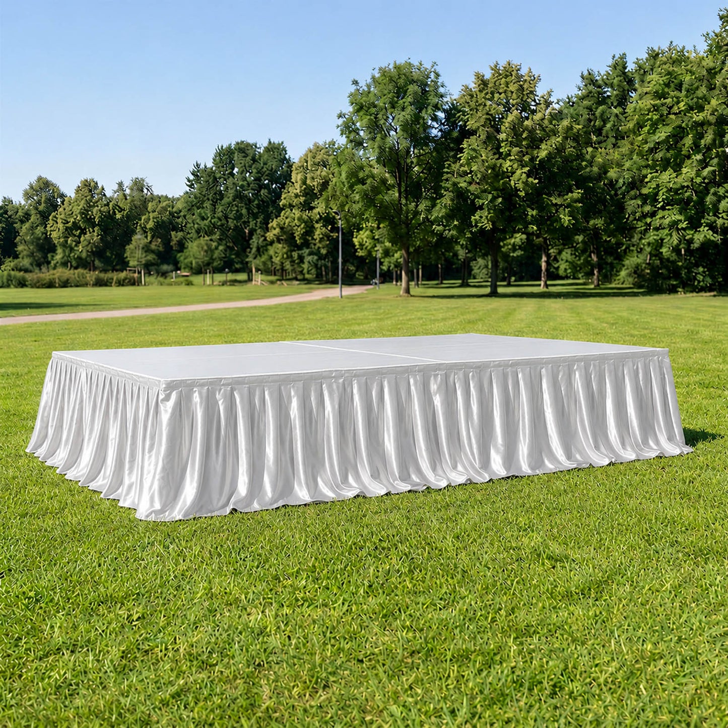 Portable Satin Stage Skirt White Shirred Pleated Stage Cover for Wedding & Event Platforms - 16"x10f