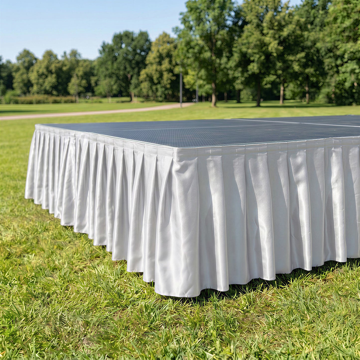 Portable Satin Stage Skirt White Shirred Pleated Stage Cover for Wedding & Event Platforms - 16"x10f