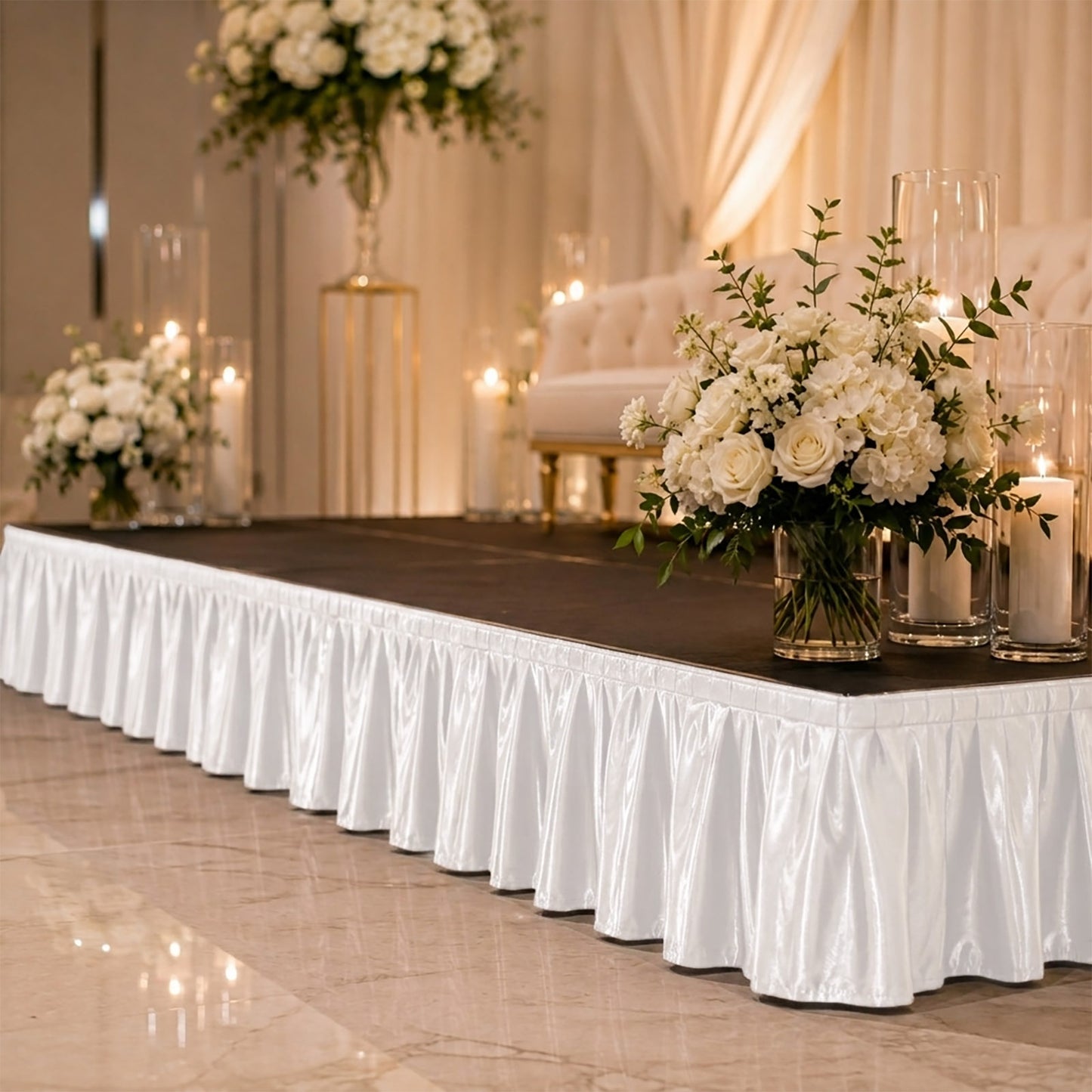 Portable Satin Stage Skirt White Shirred Pleated Stage Cover for Wedding & Event Platforms - 16"x10f