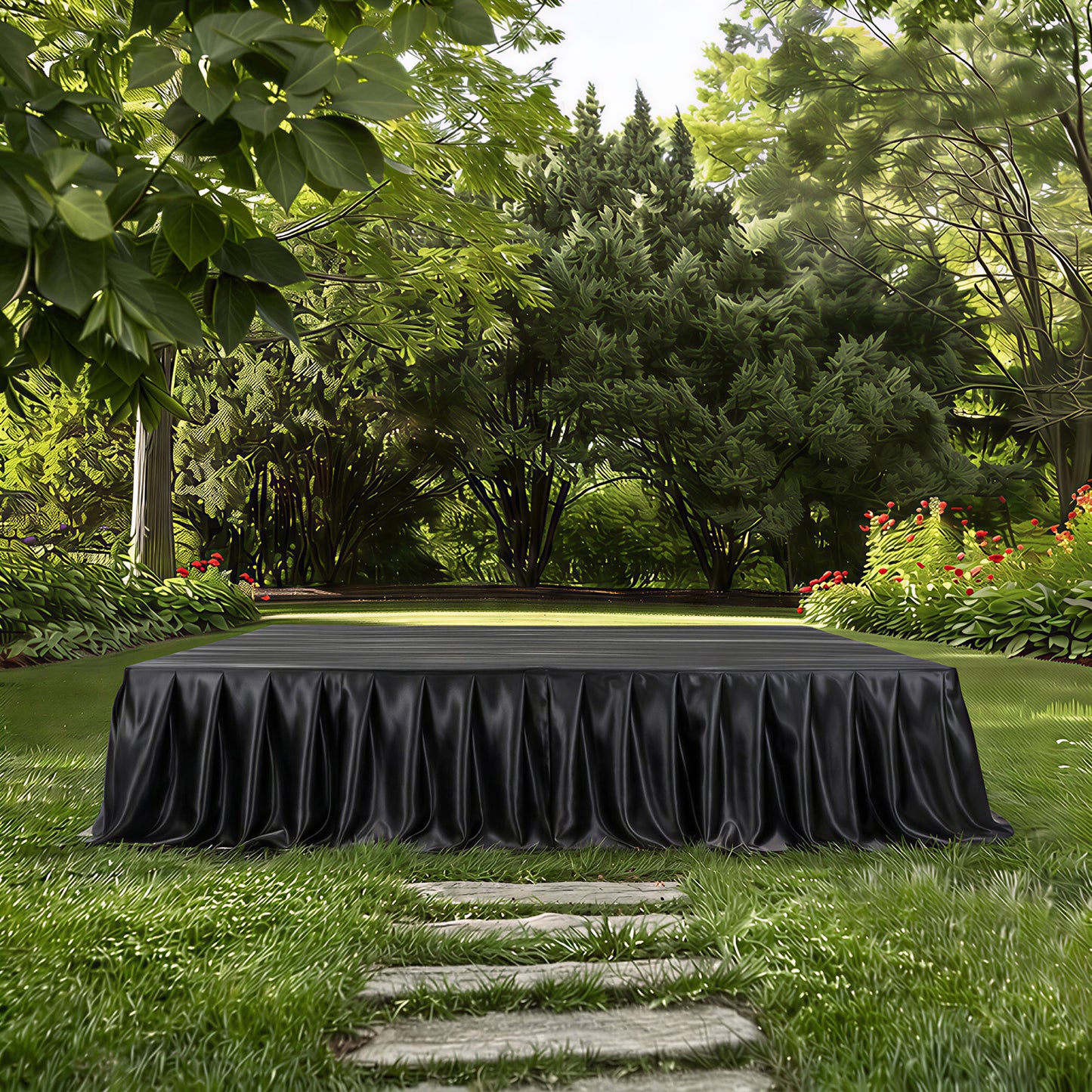 Portable Satin Stage Skirt Black Shirred Pleated Stage Cover for Wedding & Event Platforms - 24"x20f