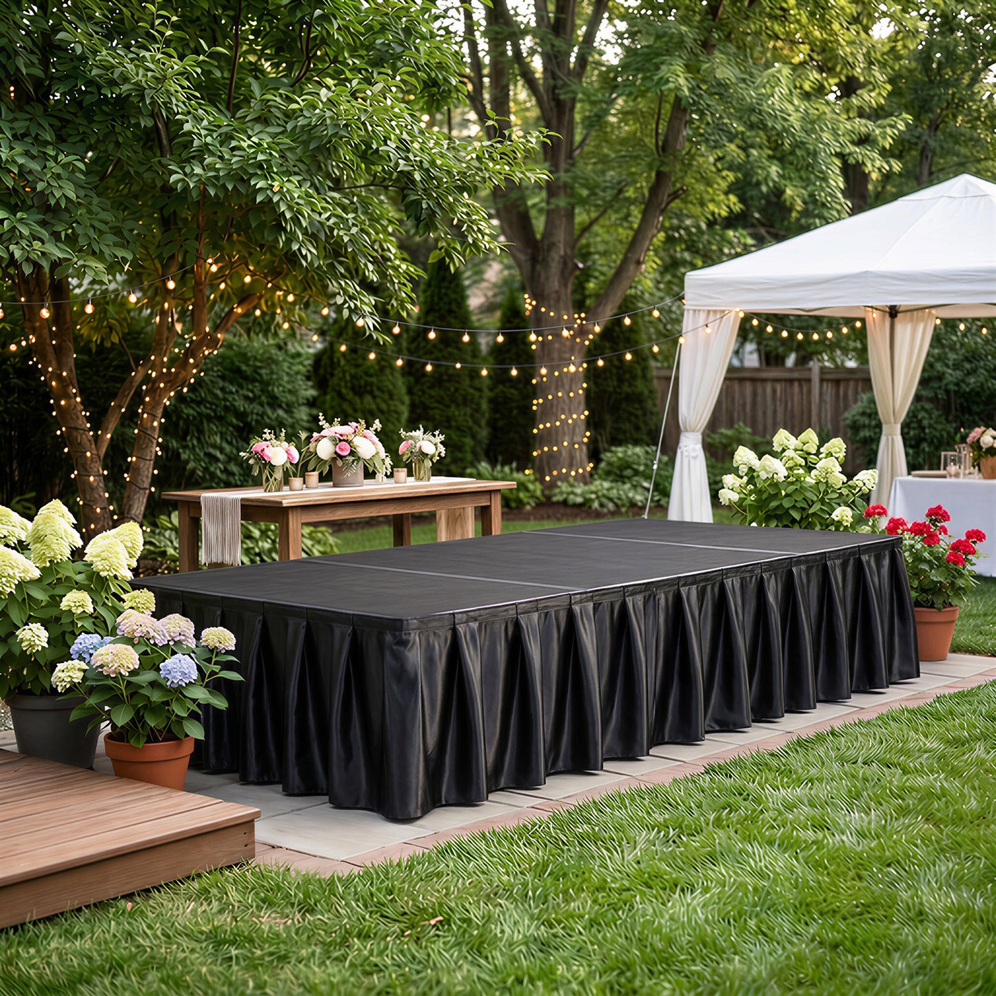 Portable Satin Stage Skirt Black Shirred Pleated Stage Cover for Wedding & Event Platforms - 24"x20f