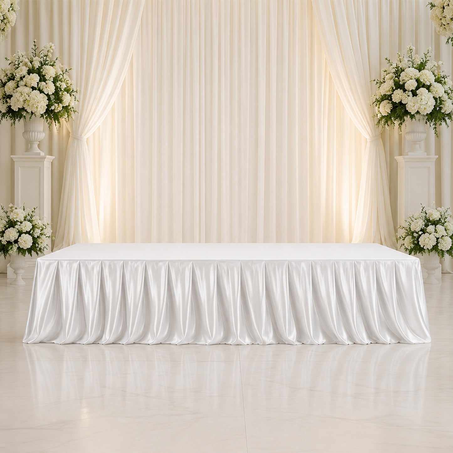 Portable Satin Stage Skirt White Shirred Pleated Stage Cover for Wedding & Event Platforms - 24"x20f