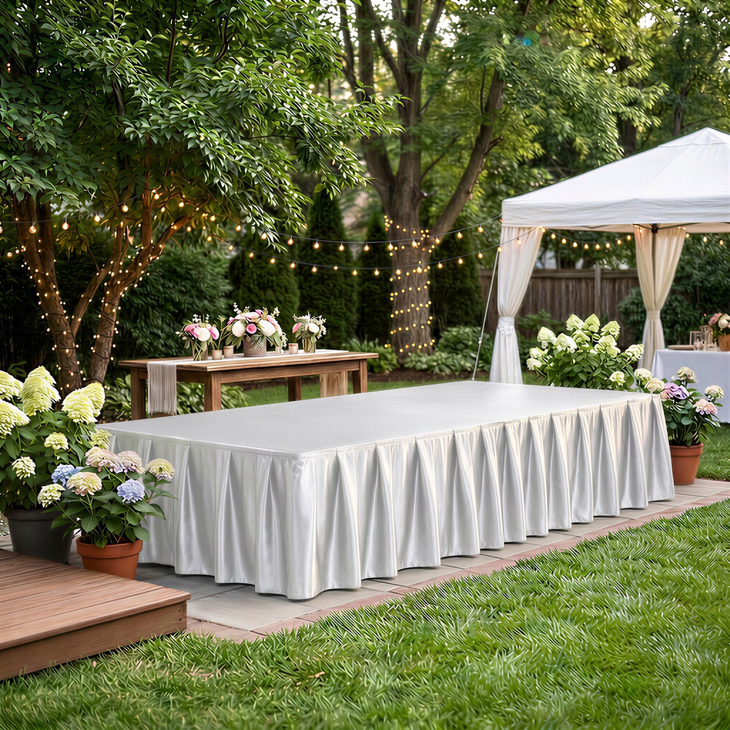 Portable Satin Stage Skirt White Shirred Pleated Stage Cover for Wedding & Event Platforms - 24"x20f
