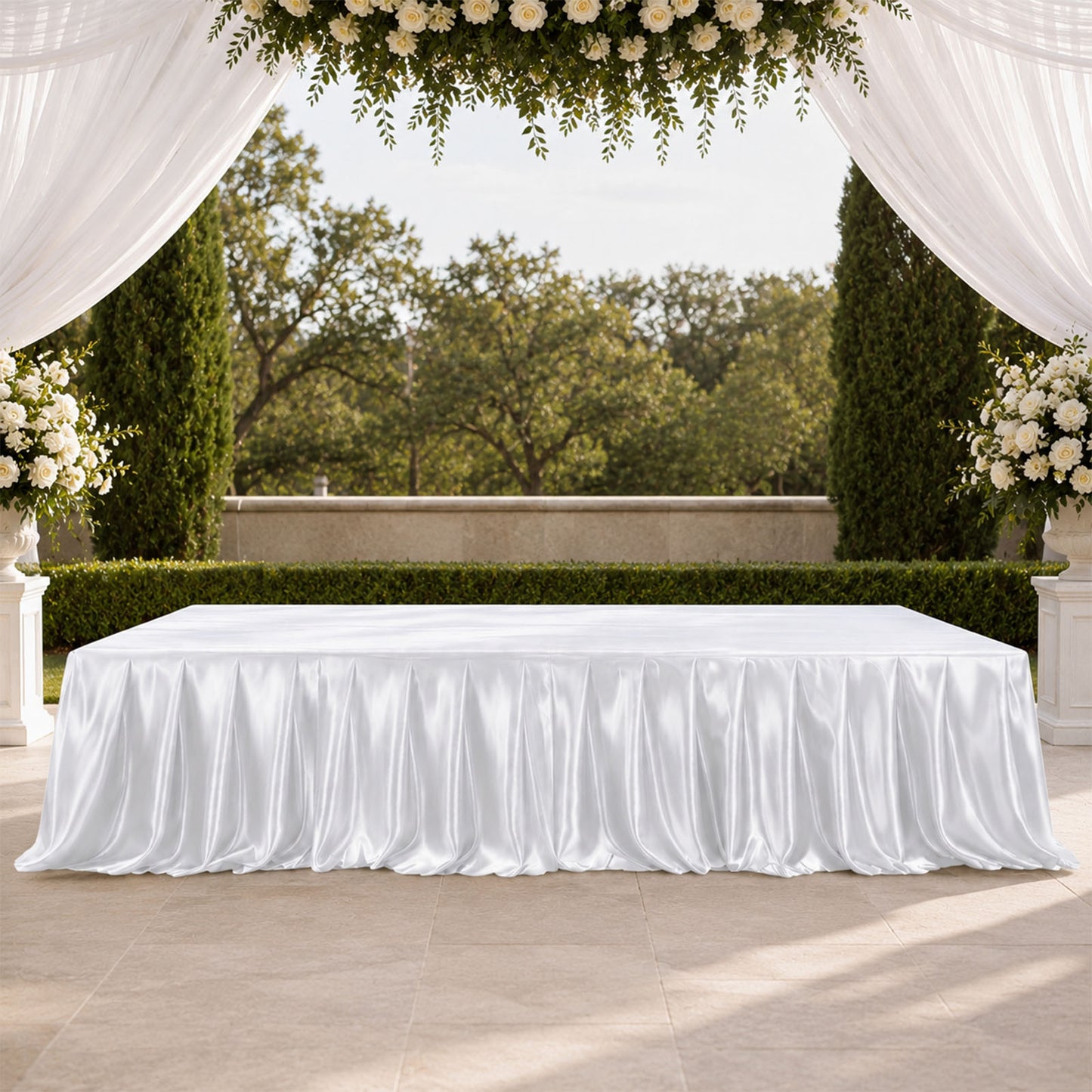 Portable Satin Stage Skirt White Shirred Pleated Stage Cover for Wedding & Event Platforms - 24"x20f