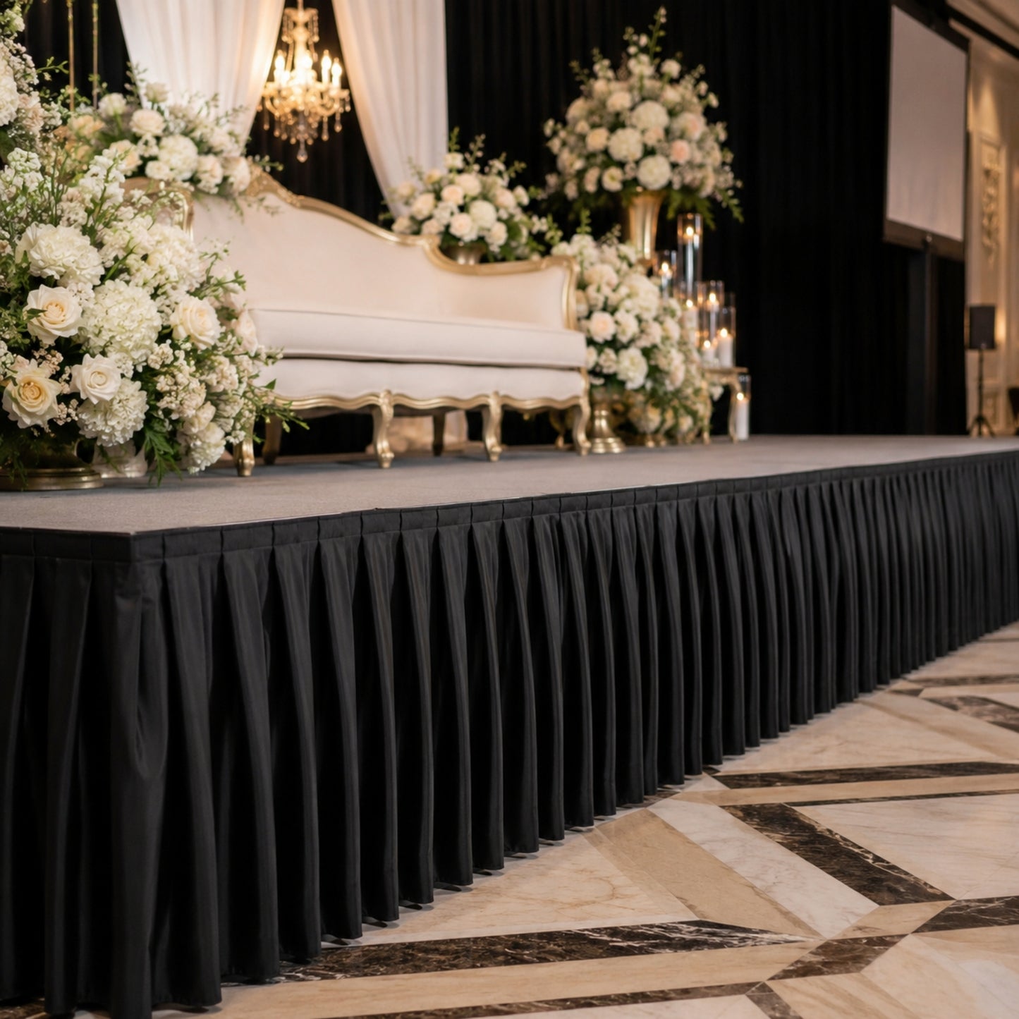 Portable Satin Stage Skirt Black Shirred Pleated Stage Cover for Wedding & Event Platforms - 36"x20f