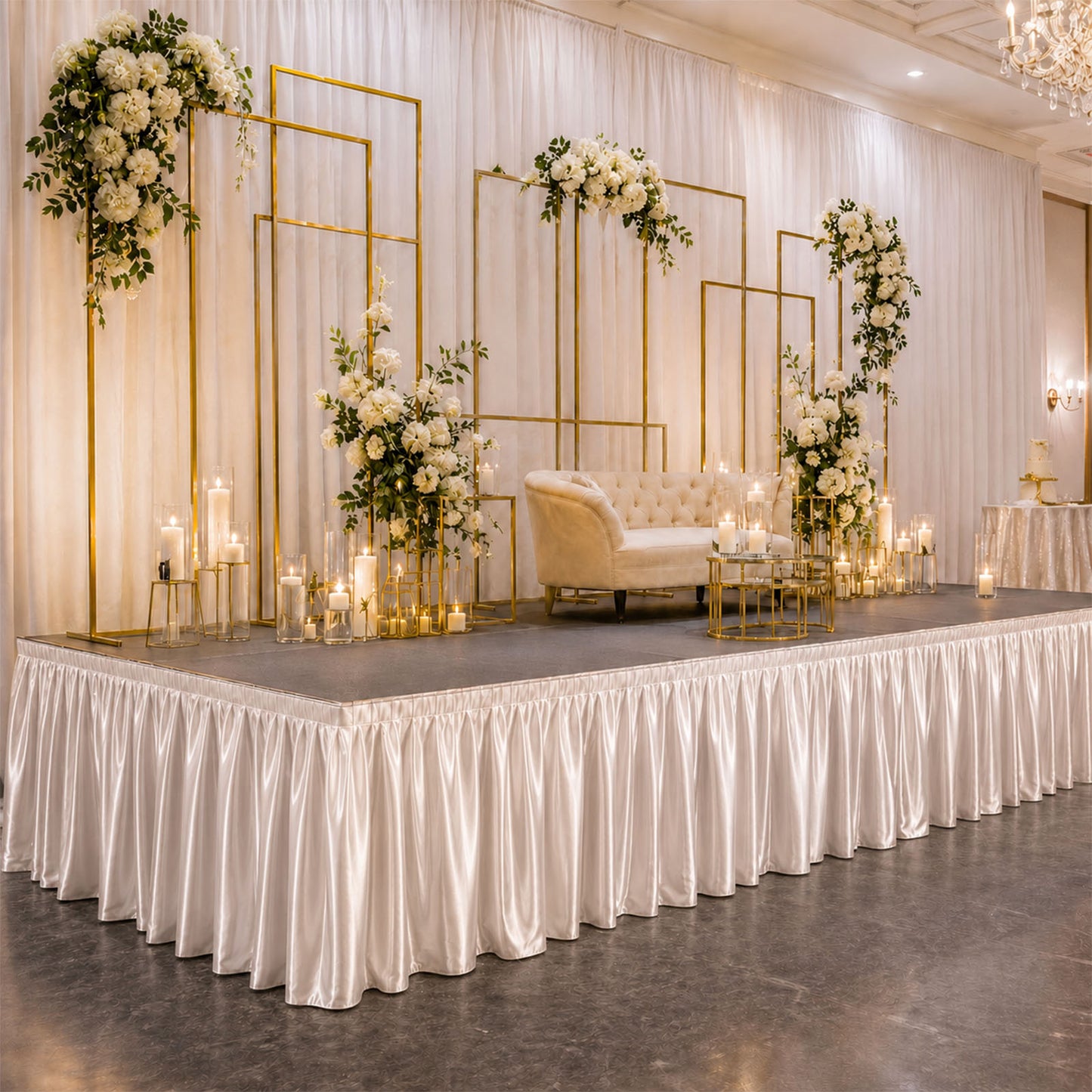 Portable Satin Stage Skirt White Shirred Pleated Stage Cover for Wedding & Event Platforms - 36"x20f