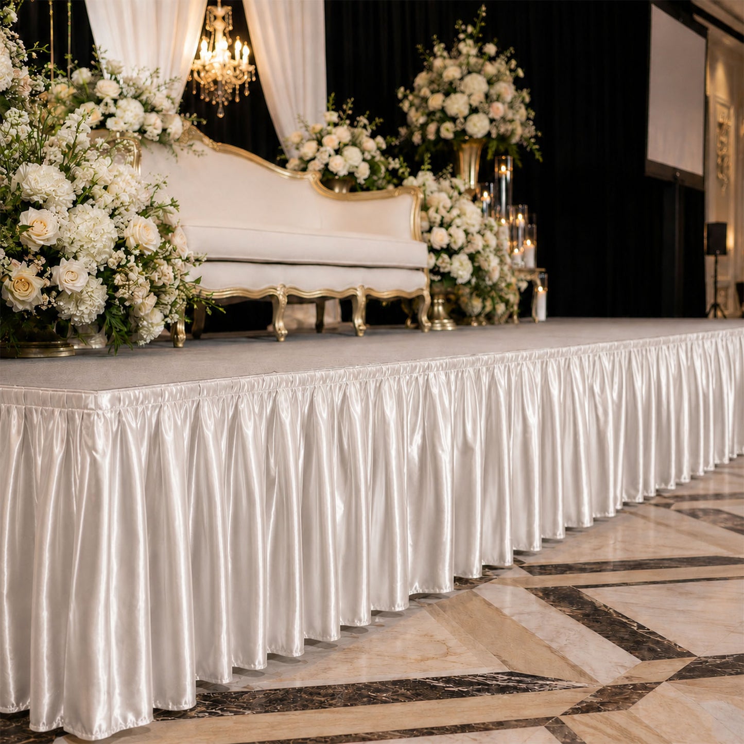 Portable Satin Stage Skirt White Shirred Pleated Stage Cover for Wedding & Event Platforms - 36"x20f
