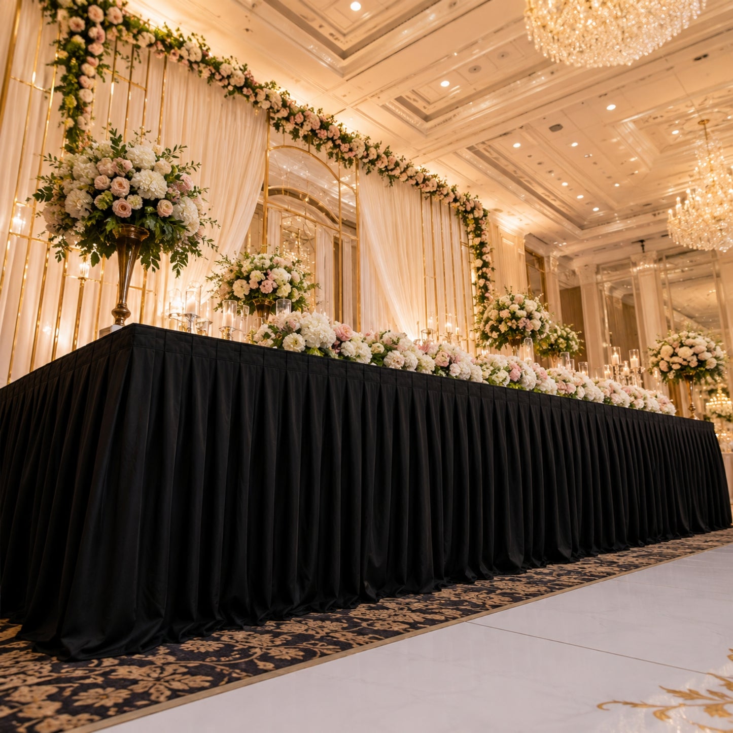 Portable Satin Stage Skirt Black Shirred Pleated Stage Cover for Wedding & Event Platforms - 48"x20f