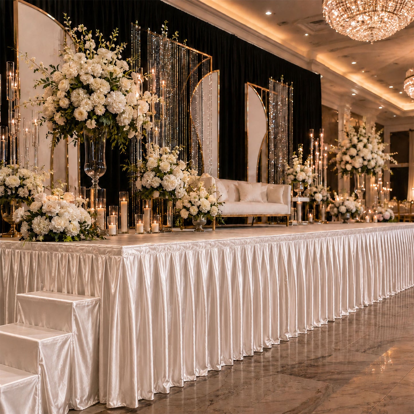 Portable Satin Stage Skirt White Shirred Pleated Stage Cover for Wedding & Event Platforms - 48"x20f