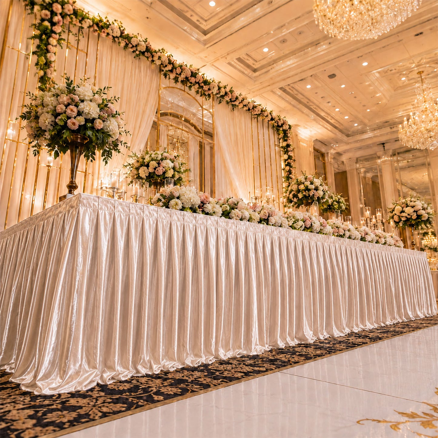 Portable Satin Stage Skirt White Shirred Pleated Stage Cover for Wedding & Event Platforms - 48"x20f