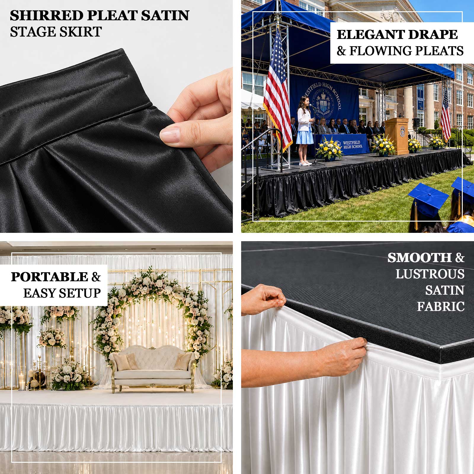 Portable satin stage skirting with flowing pleats for graduations, galas, and corporate events
