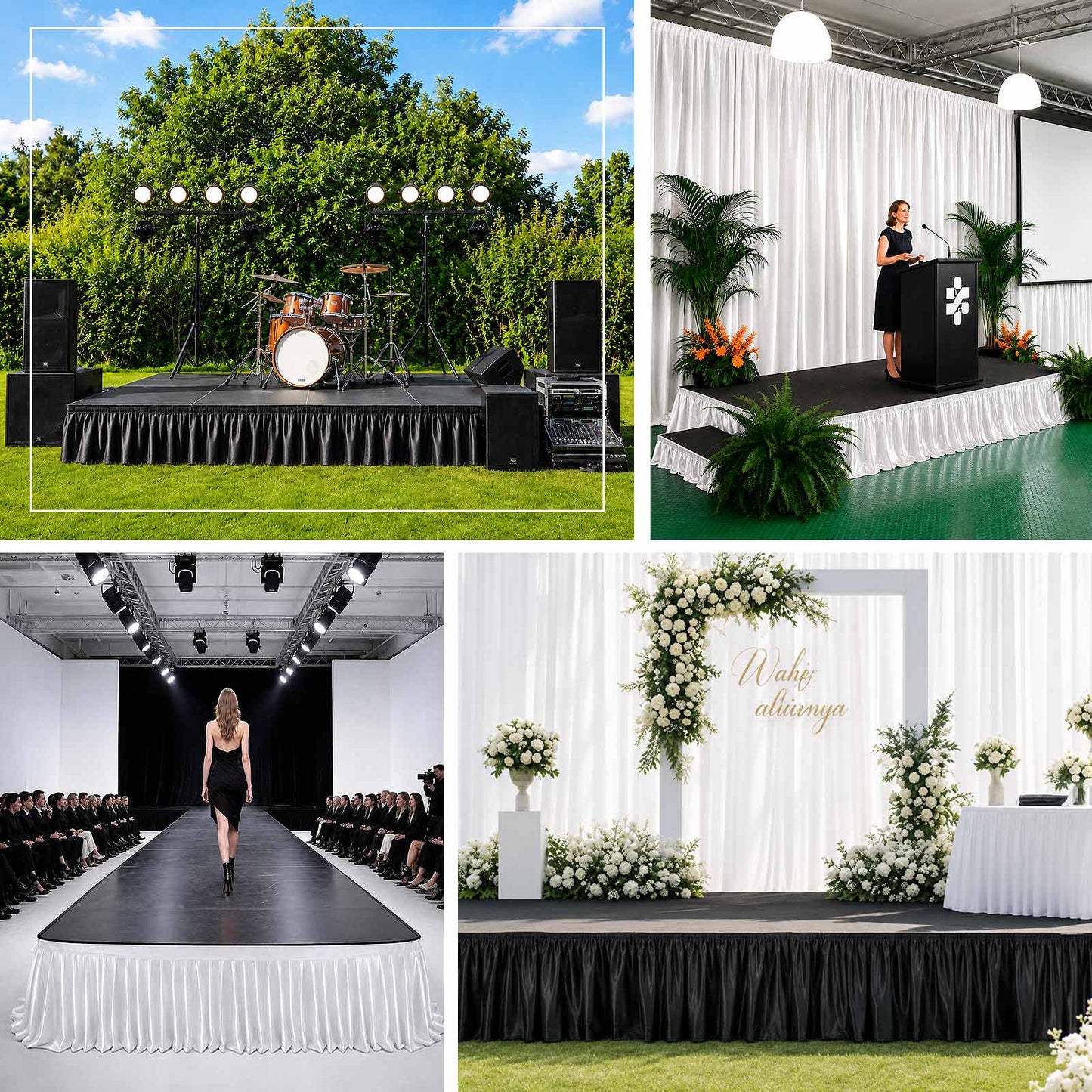 Professional satin stage skirting with lustrous finish and pleated drape for event décor
