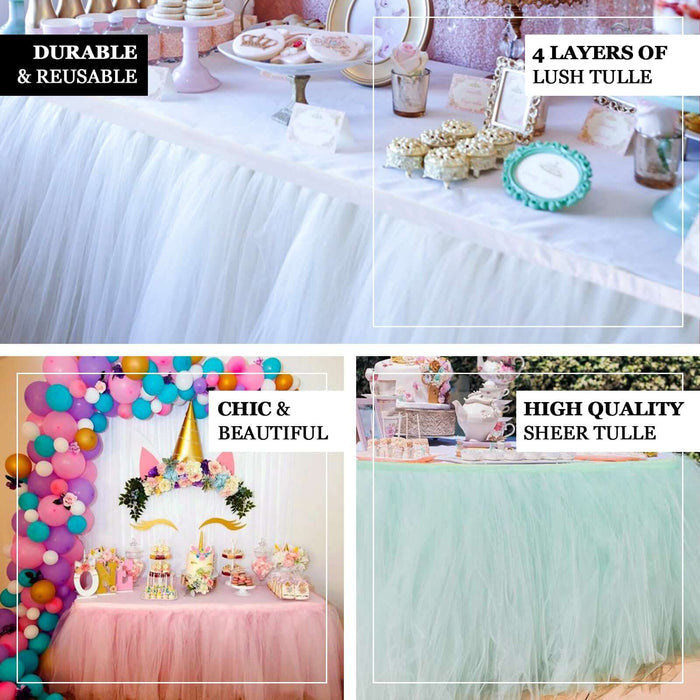Blush 4-layer tulle tutu table skirt for elegant event decor.