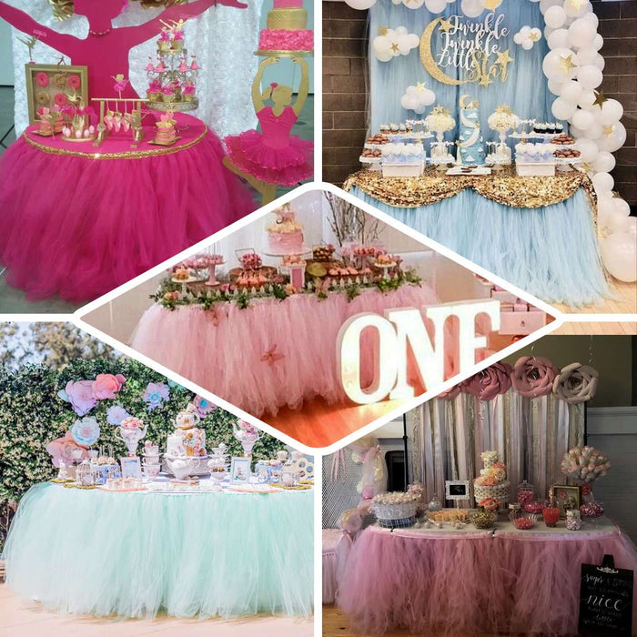 Blush 14ft 4 Layer Tulle Tutu Pleated Table Skirts for party decor.