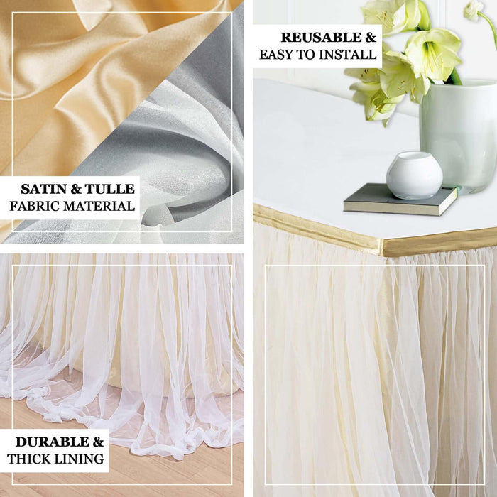 White two-layer tulle and satin table skirt for elegant events.