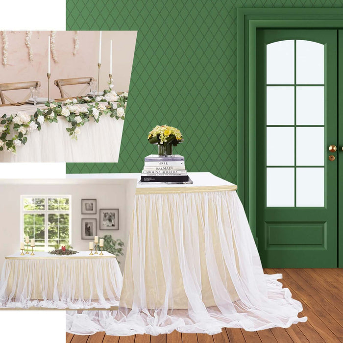 White two-layered tulle and satin table skirt for elegant decor.