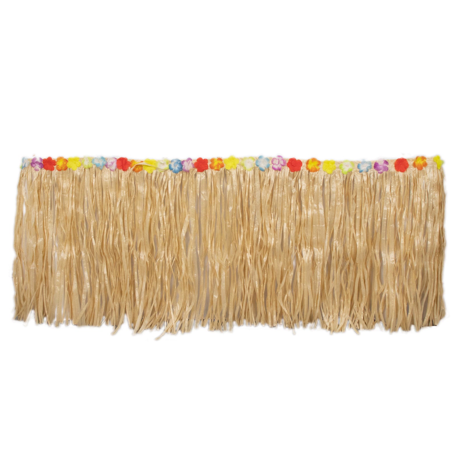 Natural raffia grass table skirt for Hawaiian themed party decorations.