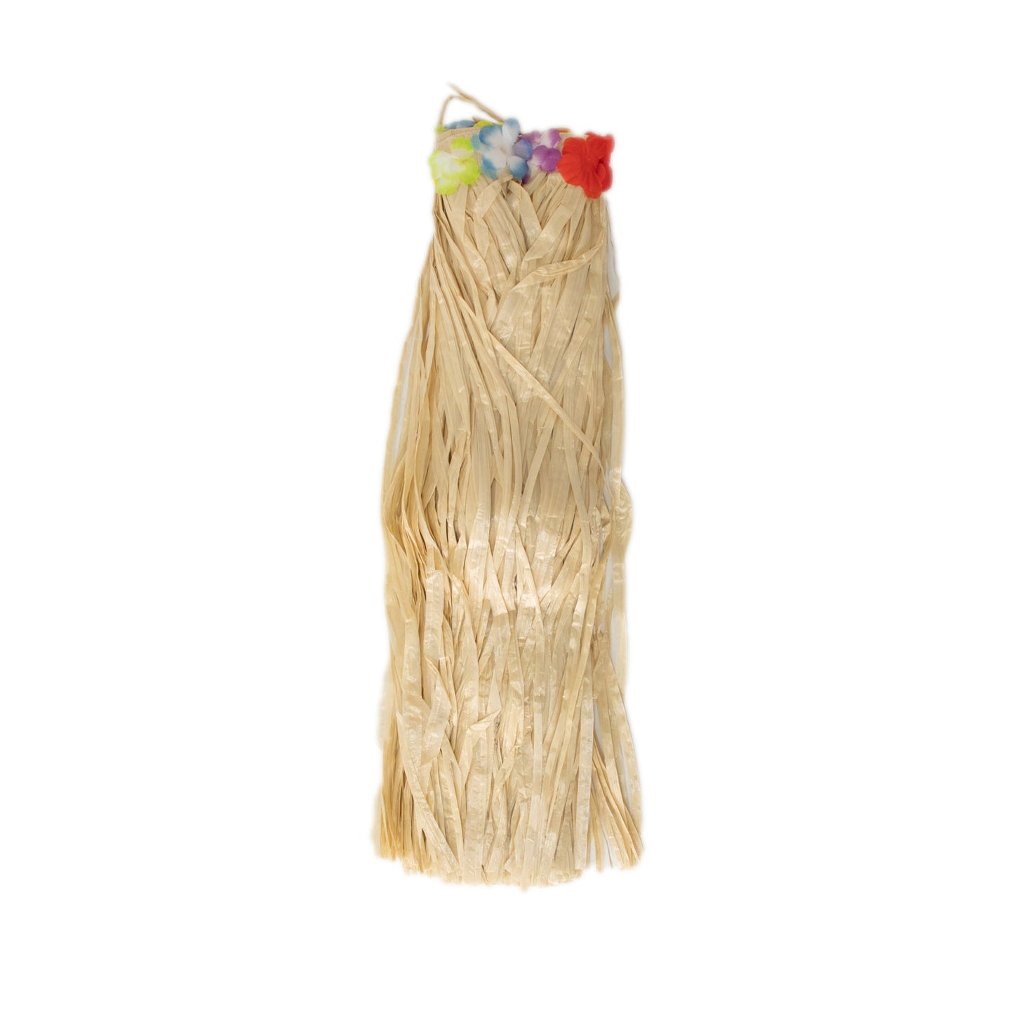 Natural raffia grass table skirt for Hawaiian themed party decorations.