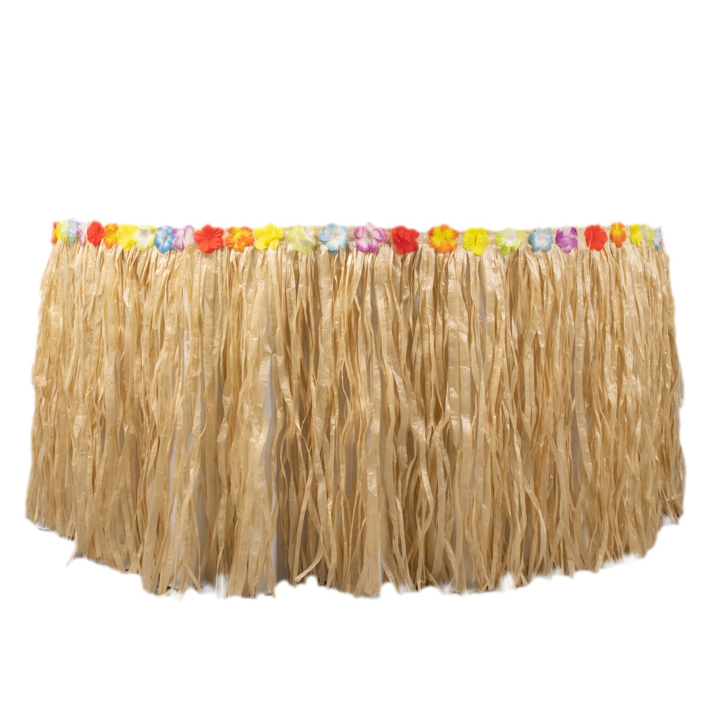 Natural raffia grass table skirt for luau decorations.