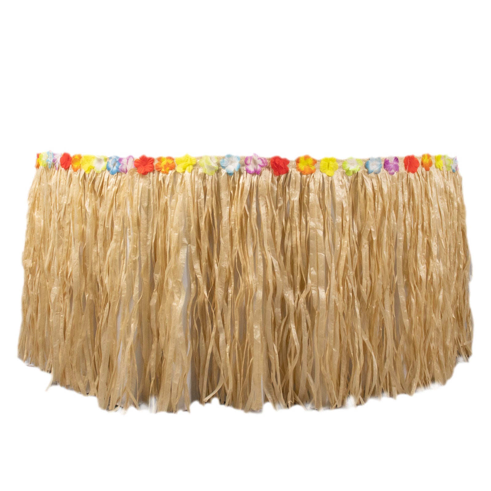 Natural raffia grass table skirt for luau decorations.