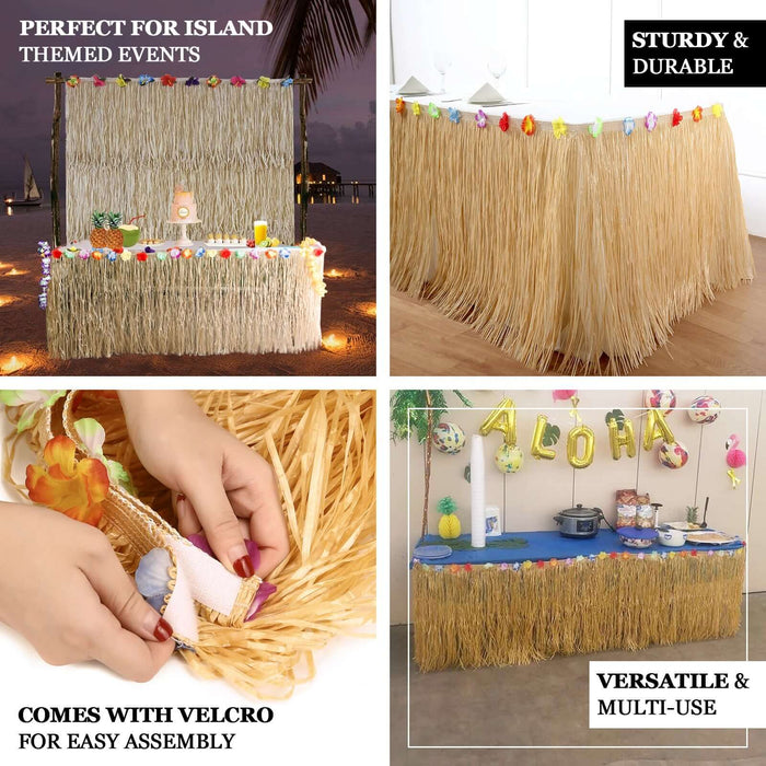 Natural raffia grass table skirt for luau decorations, perfect for Hawaiian themed parties.