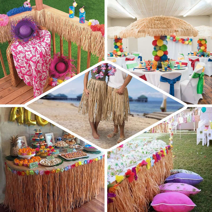 9FT natural raffia grass table skirt for Hawaiian themed party decorations.