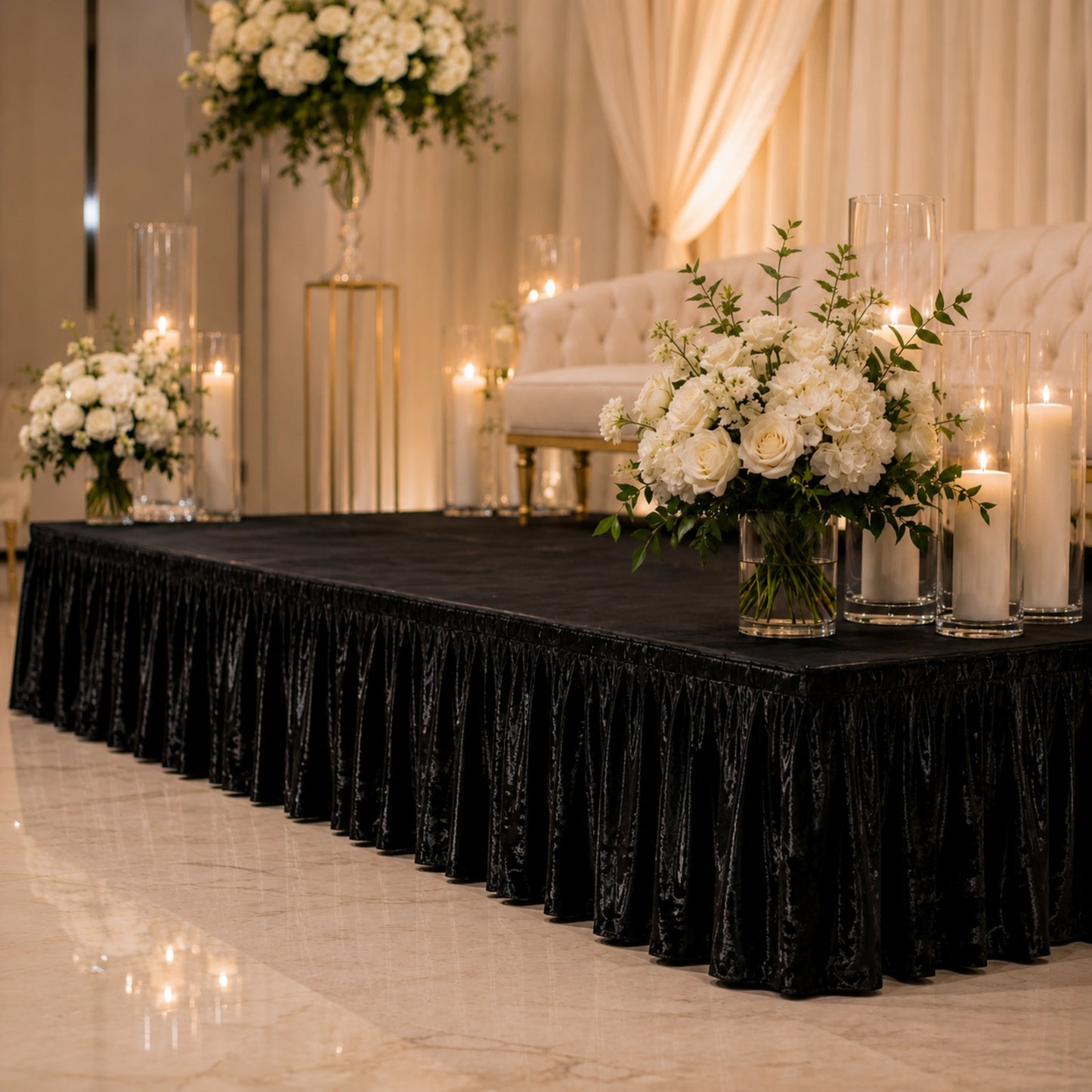 Portable Stage Skirting Crushed Velvet Black Shirred Pleat Cover for Wedding & Event Platforms - 16"