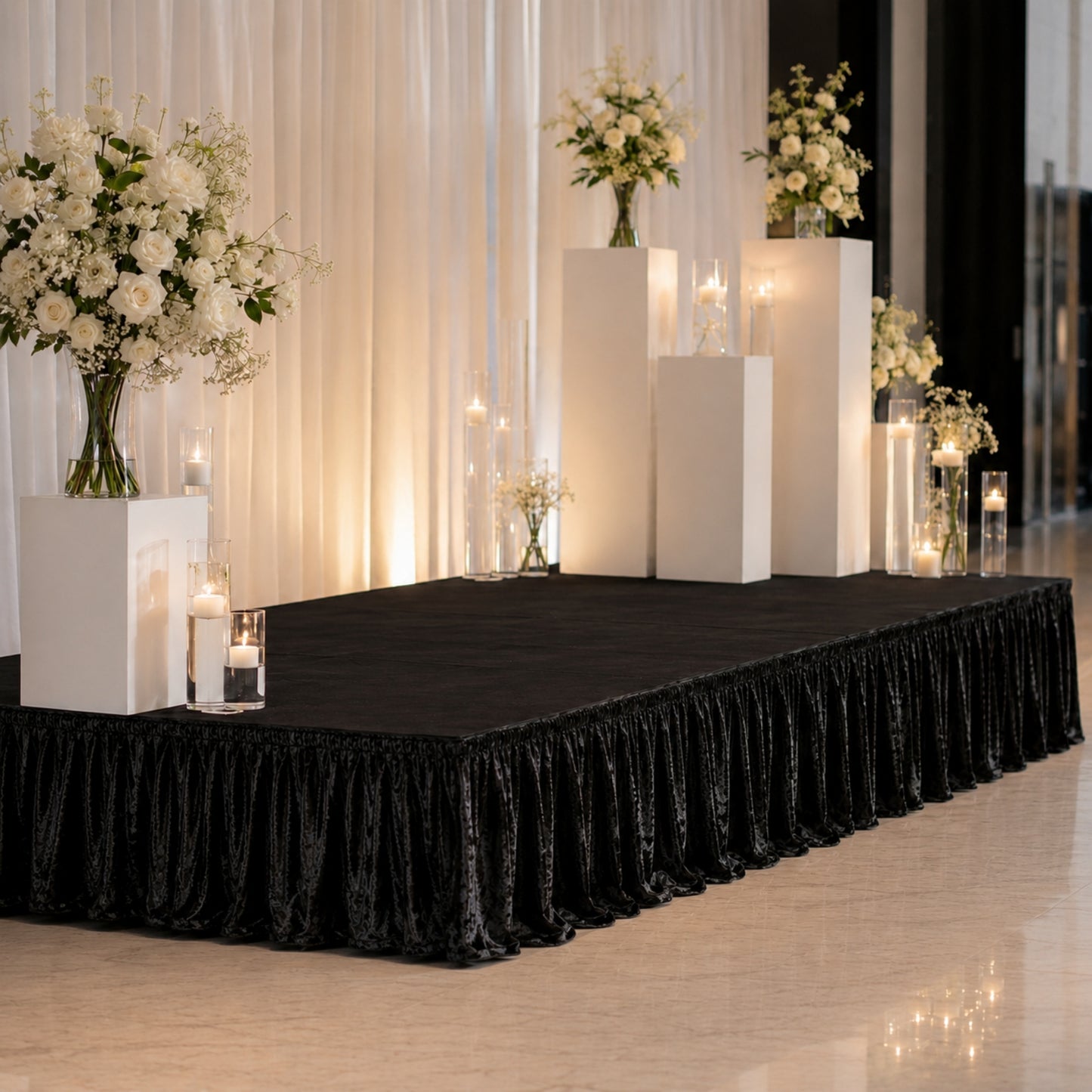 Portable Stage Skirting Crushed Velvet Black Shirred Pleat Cover for Wedding & Event Platforms - 16"