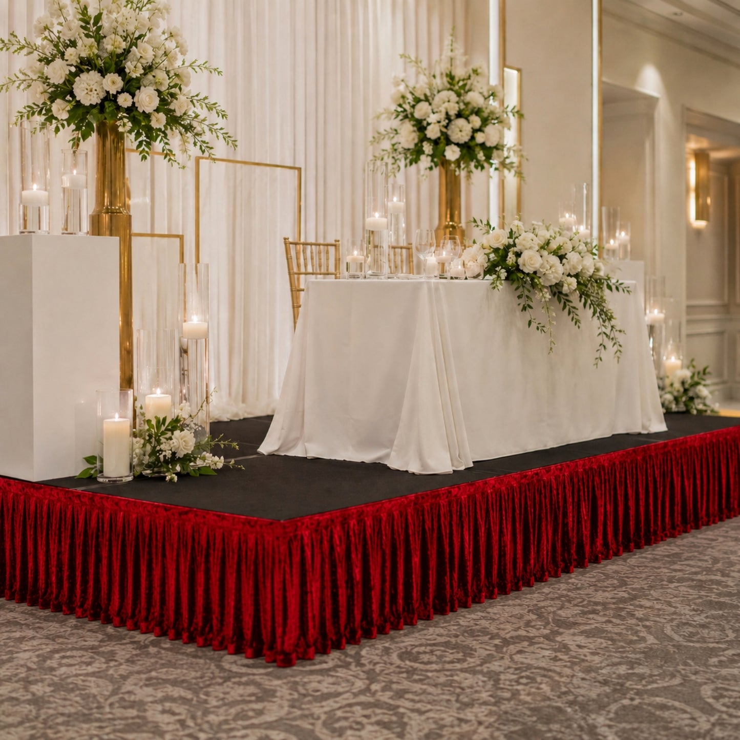 Portable Stage Skirting Crushed Velvet Red Shirred Pleat Cover for Wedding & Event Platforms - 16"x1