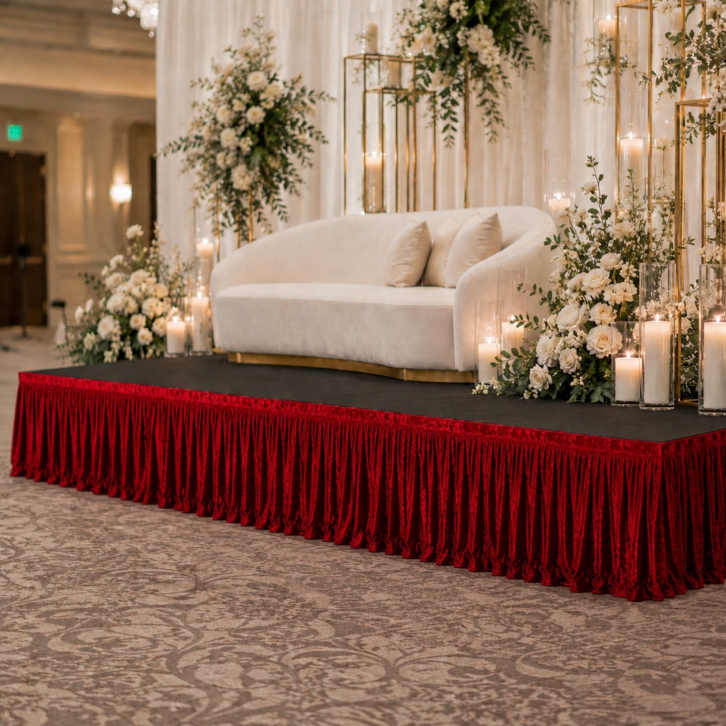 Portable Stage Skirting Crushed Velvet Red Shirred Pleat Cover for Wedding & Event Platforms - 16"x1