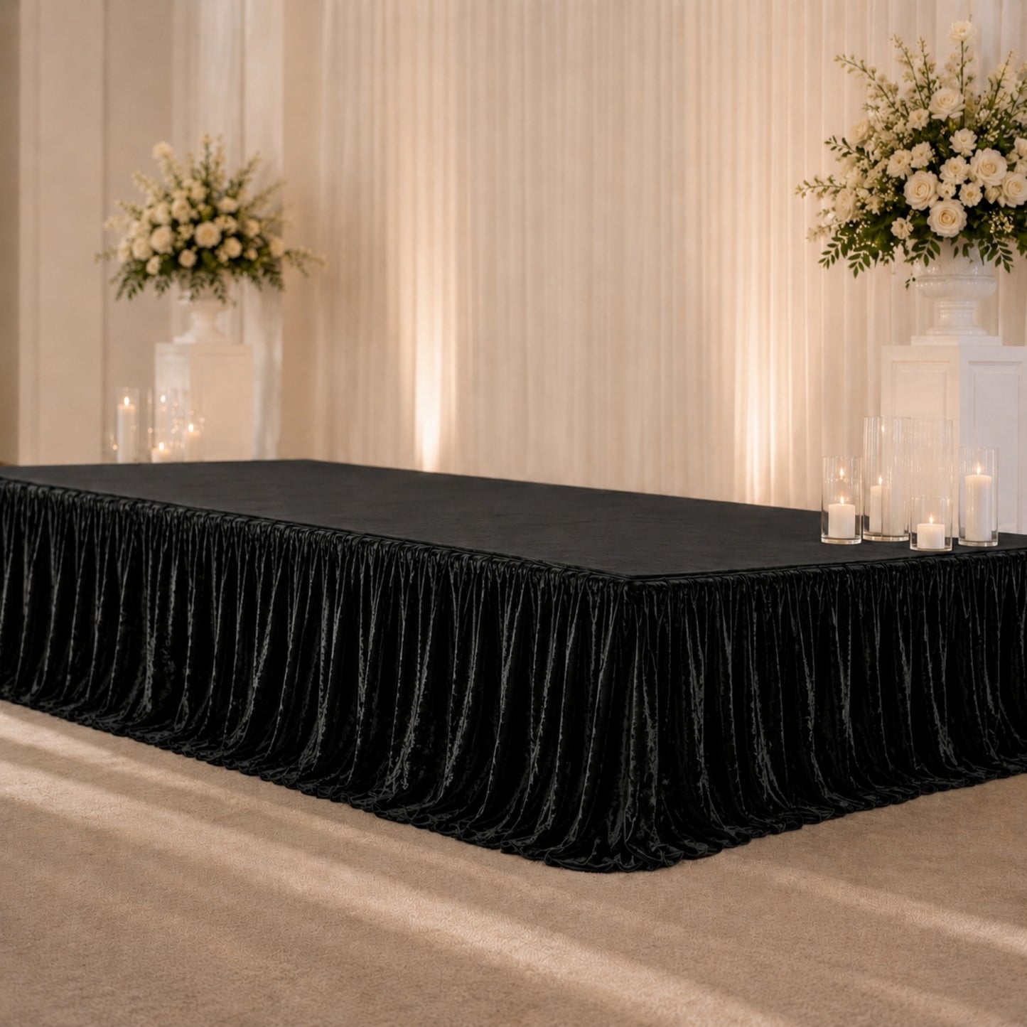 Portable Stage Skirting Crushed Velvet Black Shirred Pleat Cover for Wedding & Event Platforms - 24"