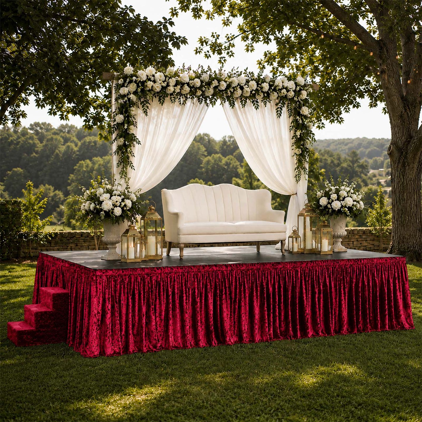 Portable Stage Skirting Crushed Velvet Red Shirred Pleat Cover for Wedding & Event Platforms - 36"x2