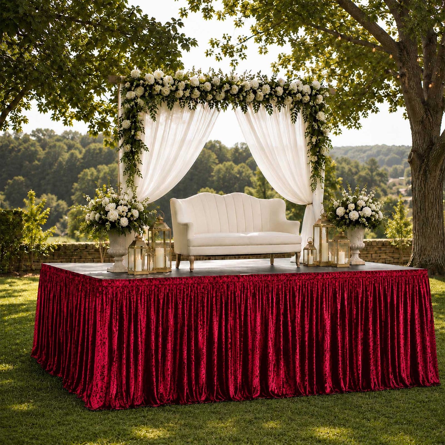 Portable Stage Skirting Crushed Velvet Red Shirred Pleat Cover for Wedding & Event Platforms - 48"x2