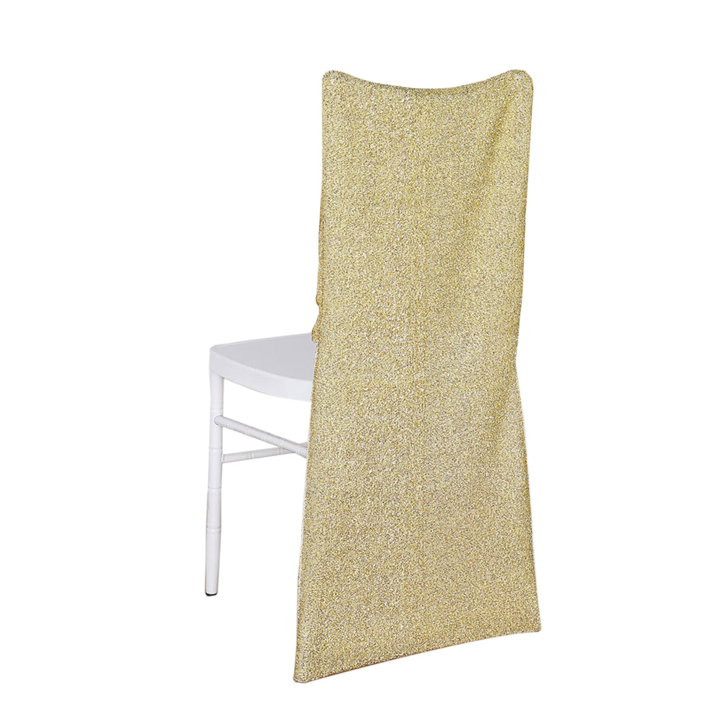 Champagne metallic shimmer tinsel spandex stretch chair slipcover.