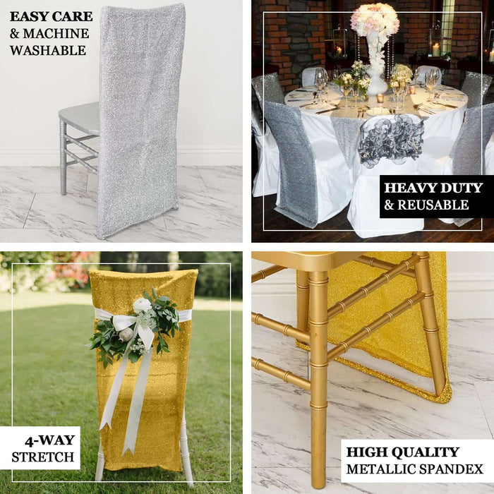 Champagne metallic shimmer stretch chair slipcover on a silver chair.