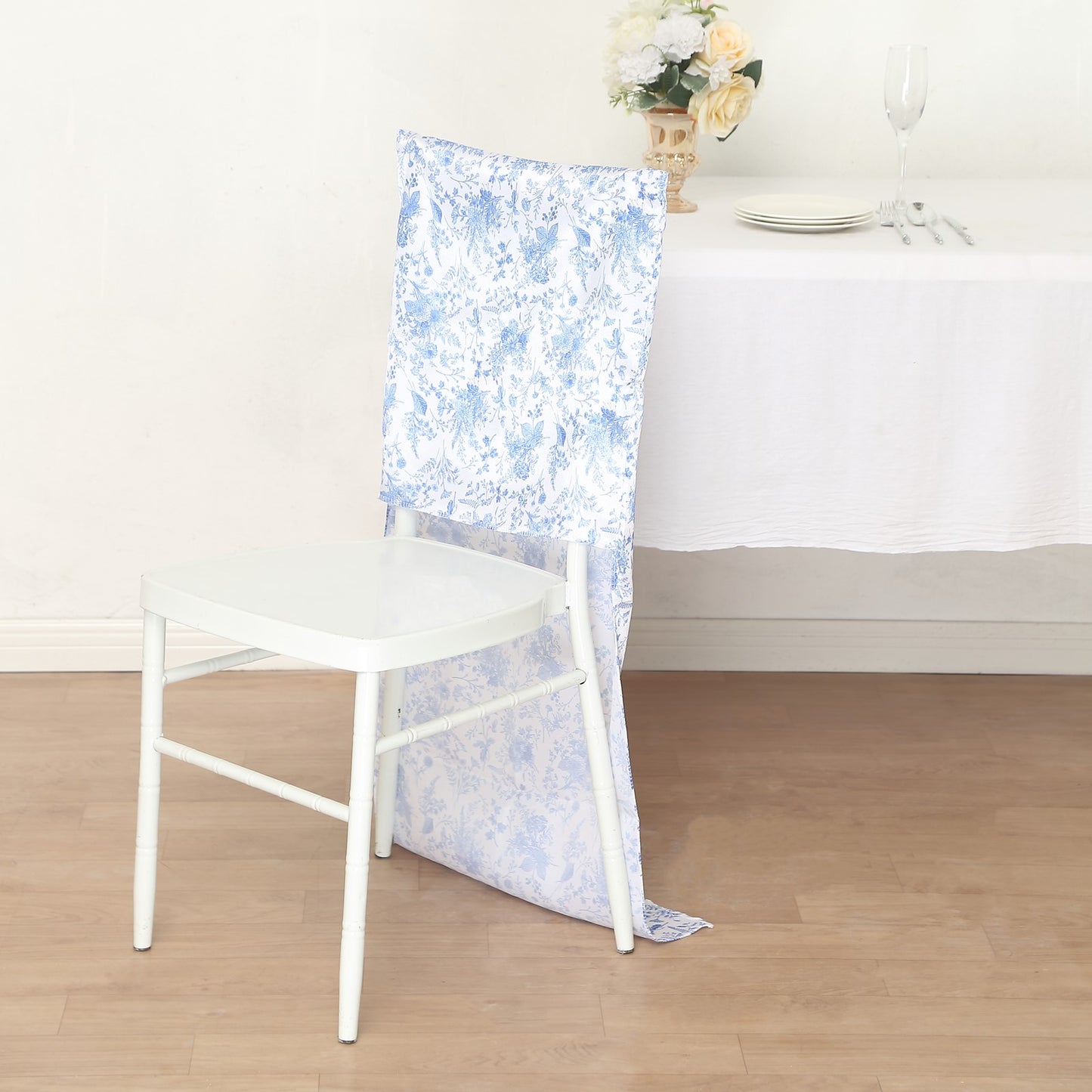 White Blue Satin Chiavari Chair Slipcover in French Toile Floral Print, Wedding Chair Back Cover