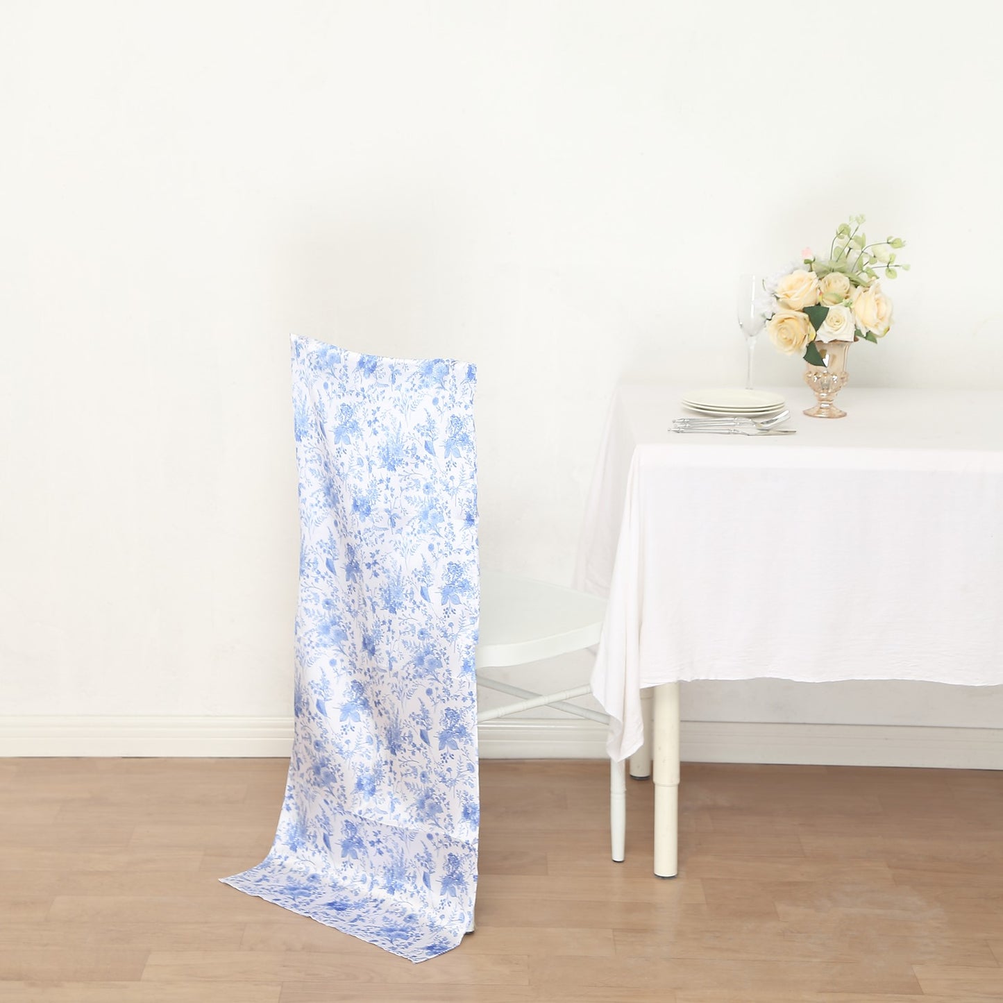 White Blue Satin Chiavari Chair Slipcover in French Toile Floral Print, Wedding Chair Back Cover