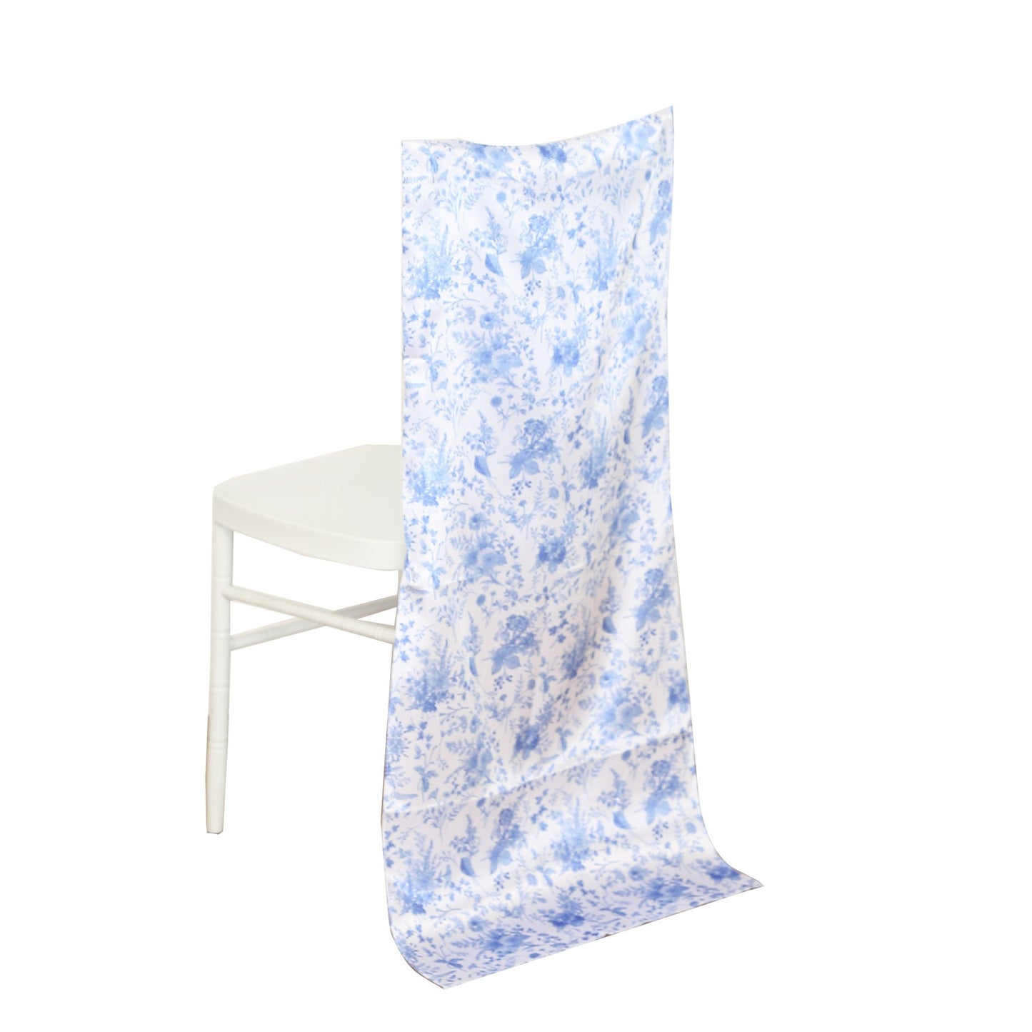 White Blue Satin Chiavari Chair Slipcover in French Toile Floral Print, Wedding Chair Back Cover