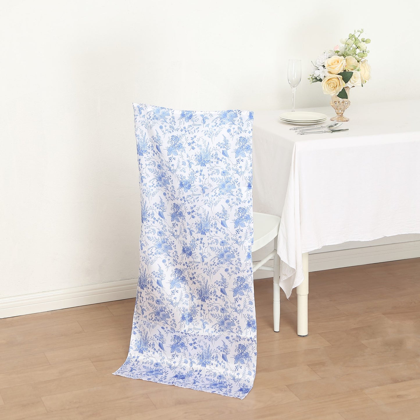 White Blue Satin Chiavari Chair Slipcover in French Toile Floral Print, Wedding Chair Back Cover