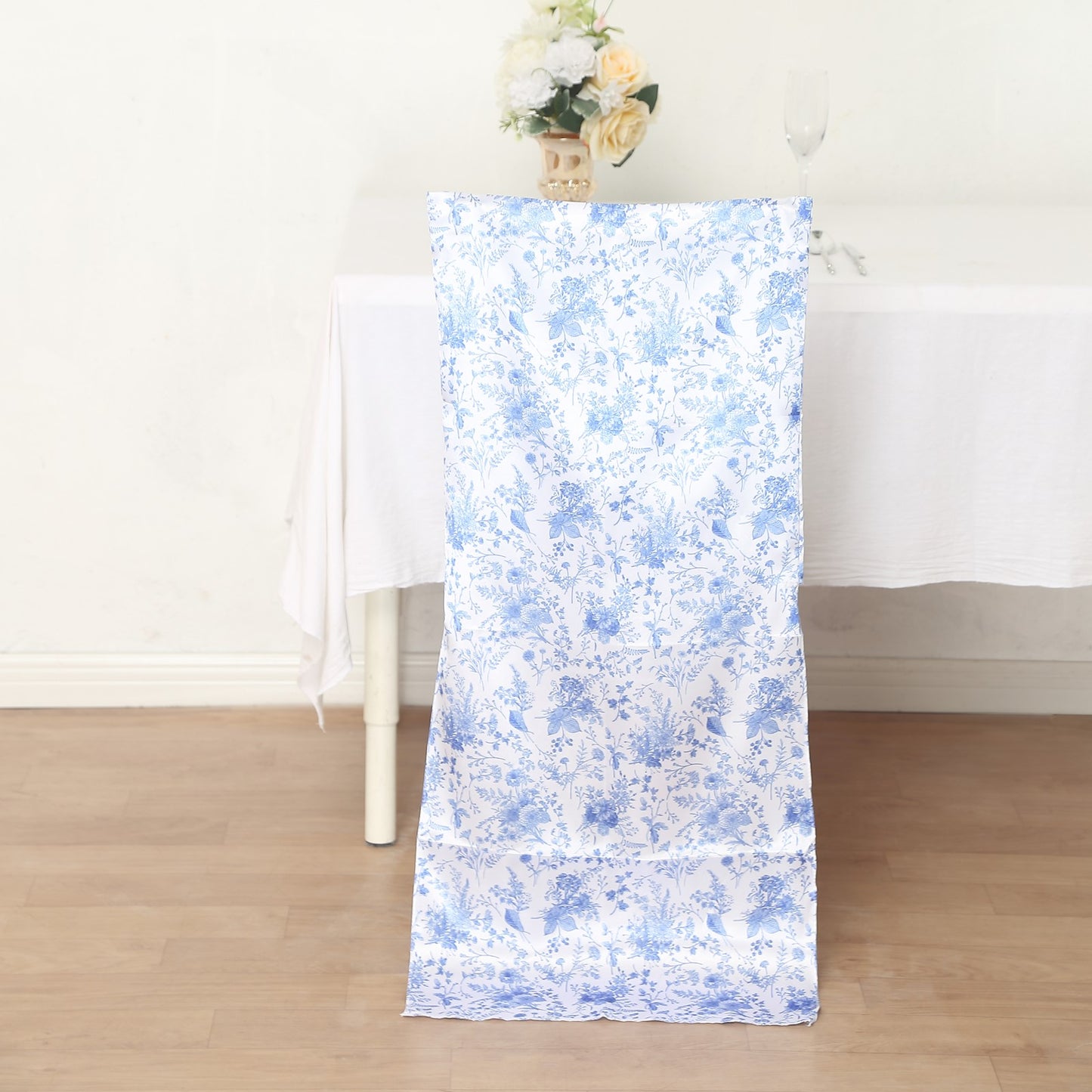 White Blue Satin Chiavari Chair Slipcover in French Toile Floral Print, Wedding Chair Back Cover