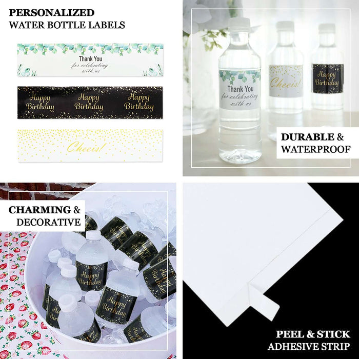 Black and gold waterproof birthday water bottle labels, 24 pack.