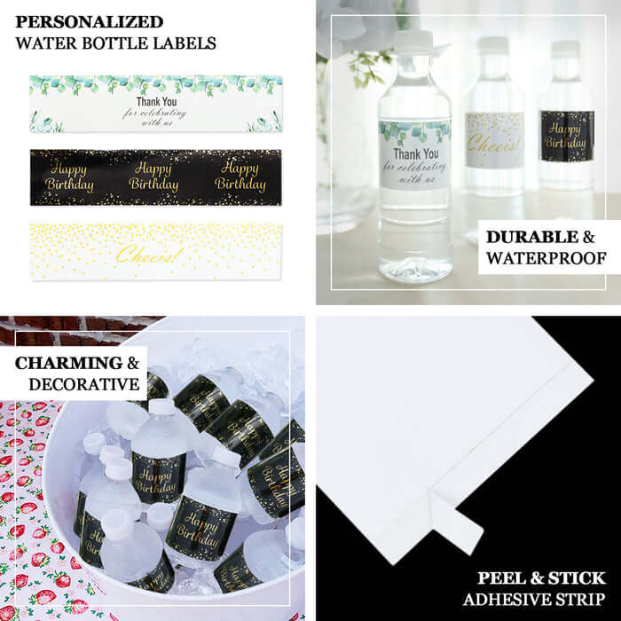 Rustic water bottle labels with gold floral frame, waterproof and decorative.
